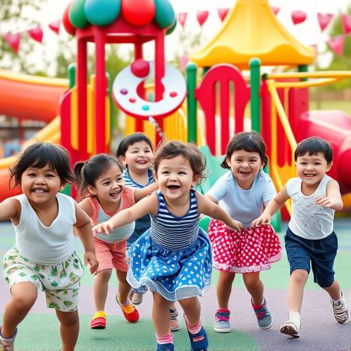 Bambini che giocano felici in un parco giochi colorato, animatori che li intrattengono.
