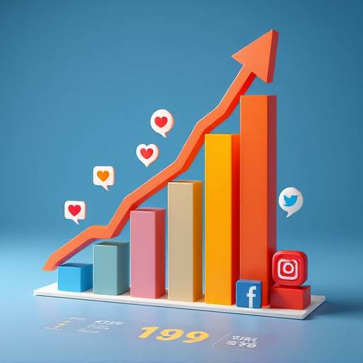 Grafico animato che mostra un aumento di engagement per un brand, con icone di social media e dati visivi.