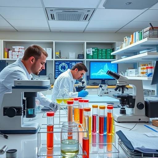 Interno di un laboratorio di ricerca con scienziati che lavorano su provette, microscopi e schermi con dati.