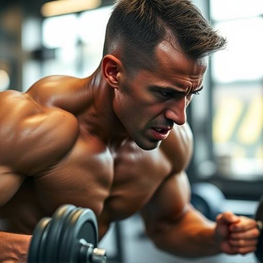 Primo piano di un atleta che si allena intensamente in una palestra moderna, riflessi di luce sui muscoli.