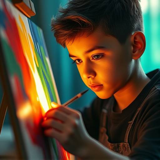 Primo piano di un giovane artista che dipinge con pennellate vibranti su una tela, luce drammatica.