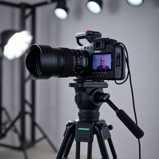 Primo piano di una telecamera professionale su un treppiede in uno studio ben illuminato, pronta per la registrazione.