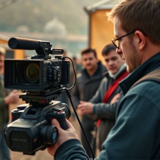 Regista che dirige una troupe sul set di un documentario, con telecamera in primo piano