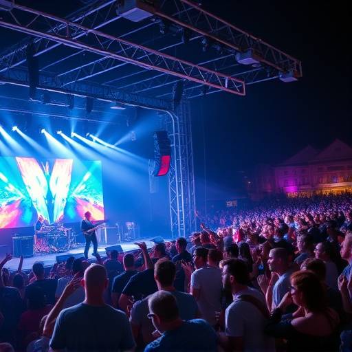 Scena vivace di un festival musicale con folla festante, palcoscenico illuminato e musicisti che suonano.