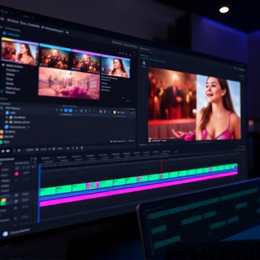 Schermo di un software di editing video con timeline complessa e effetti visivi
