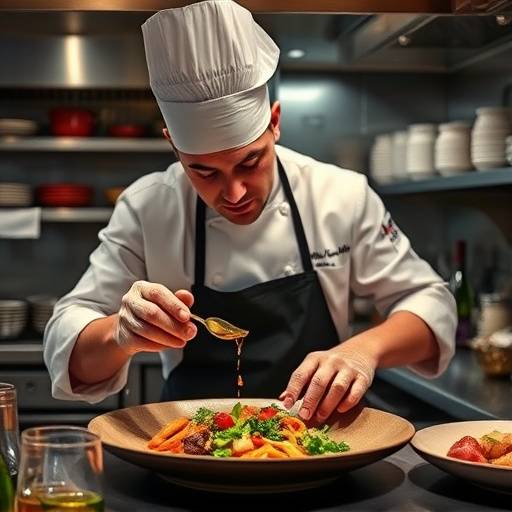 Sequenza di un chef gourmet che prepara un piatto raffinato in una cucina professionale, focus sui dettagli culinari.