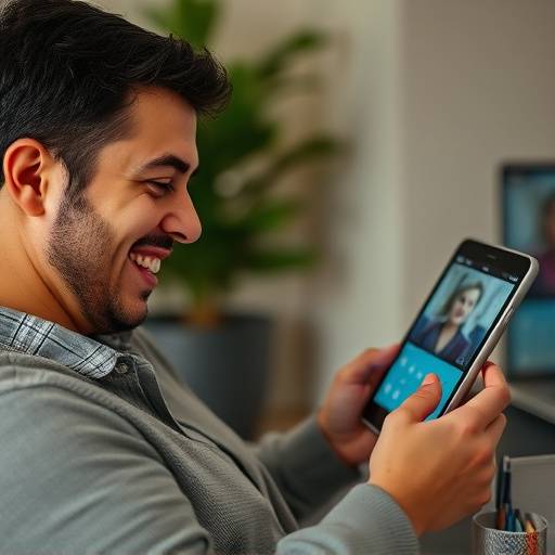 Una persona che sorride mentre guarda un video su un tablet, immersa in un'esperienza di intrattenimento visivo.