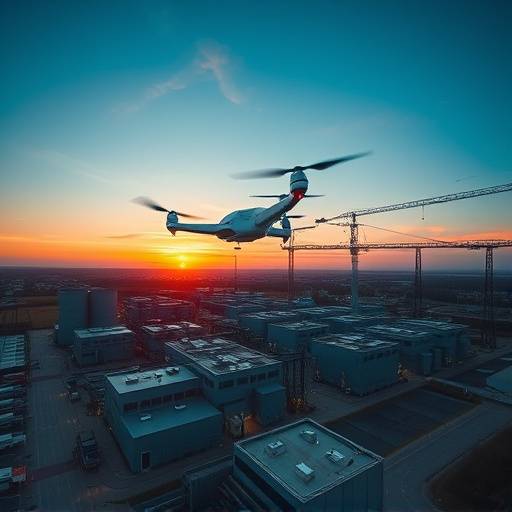 Vista aerea dinamica di un drone che sorvola un complesso industriale moderno al tramonto, luci accese.
